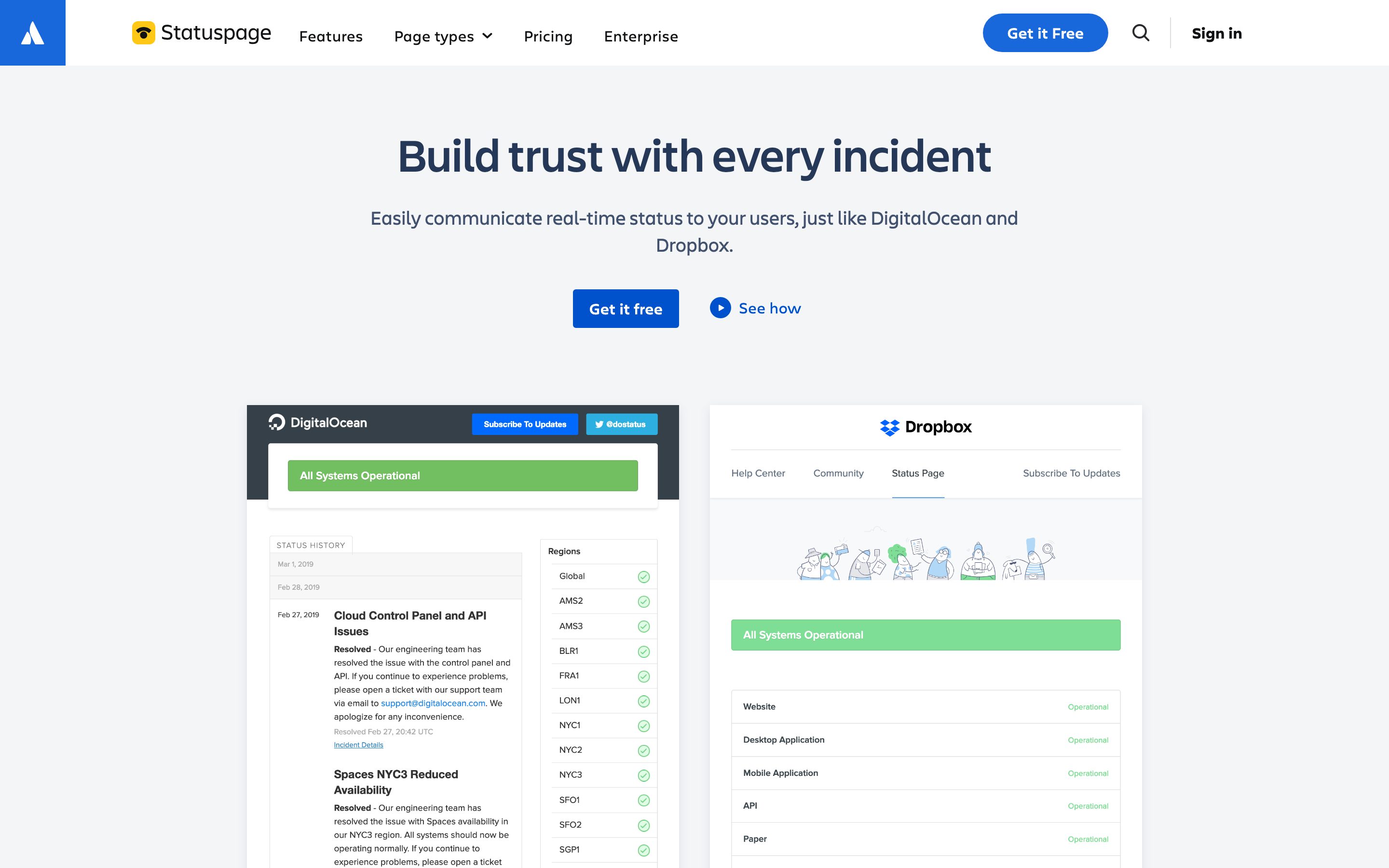 Screenshot of the Atlassian Statuspage home page