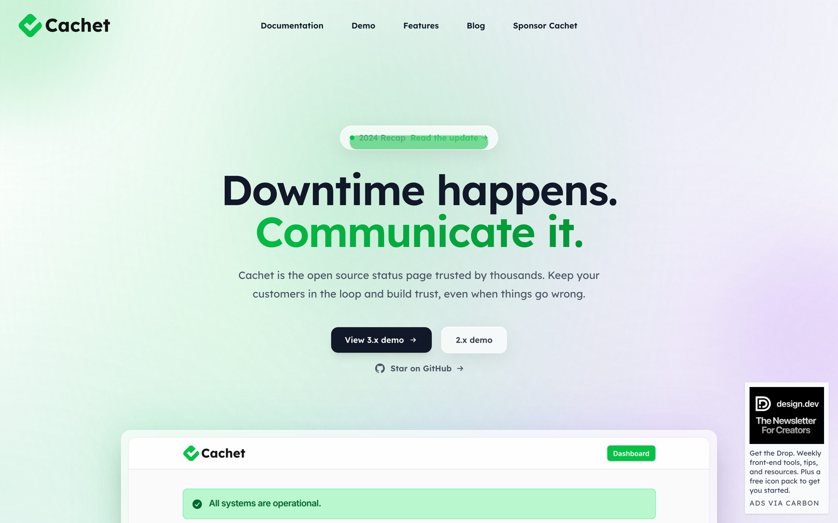 Screenshot of the Cachet home page