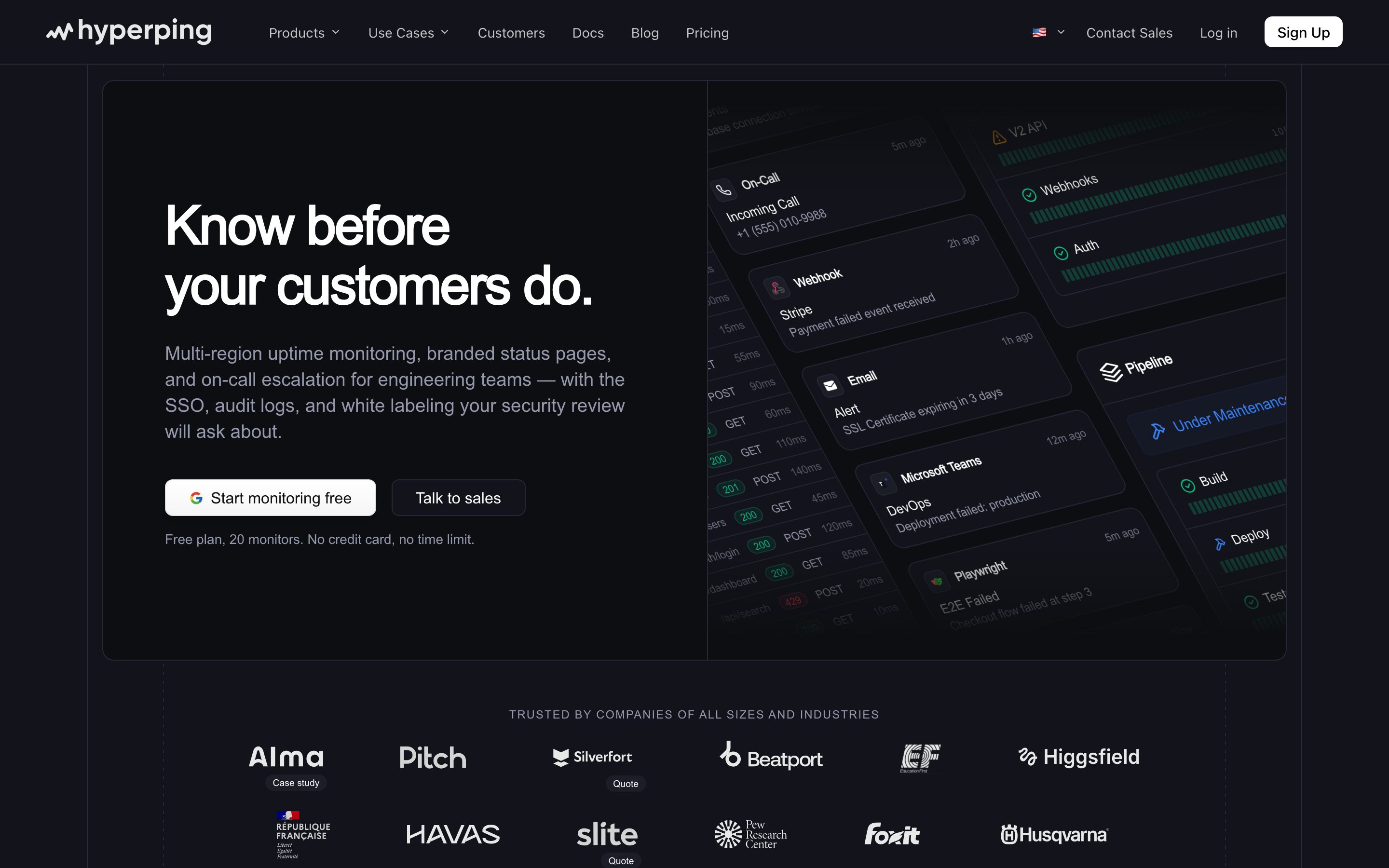 Screenshot of the Hyperping home page