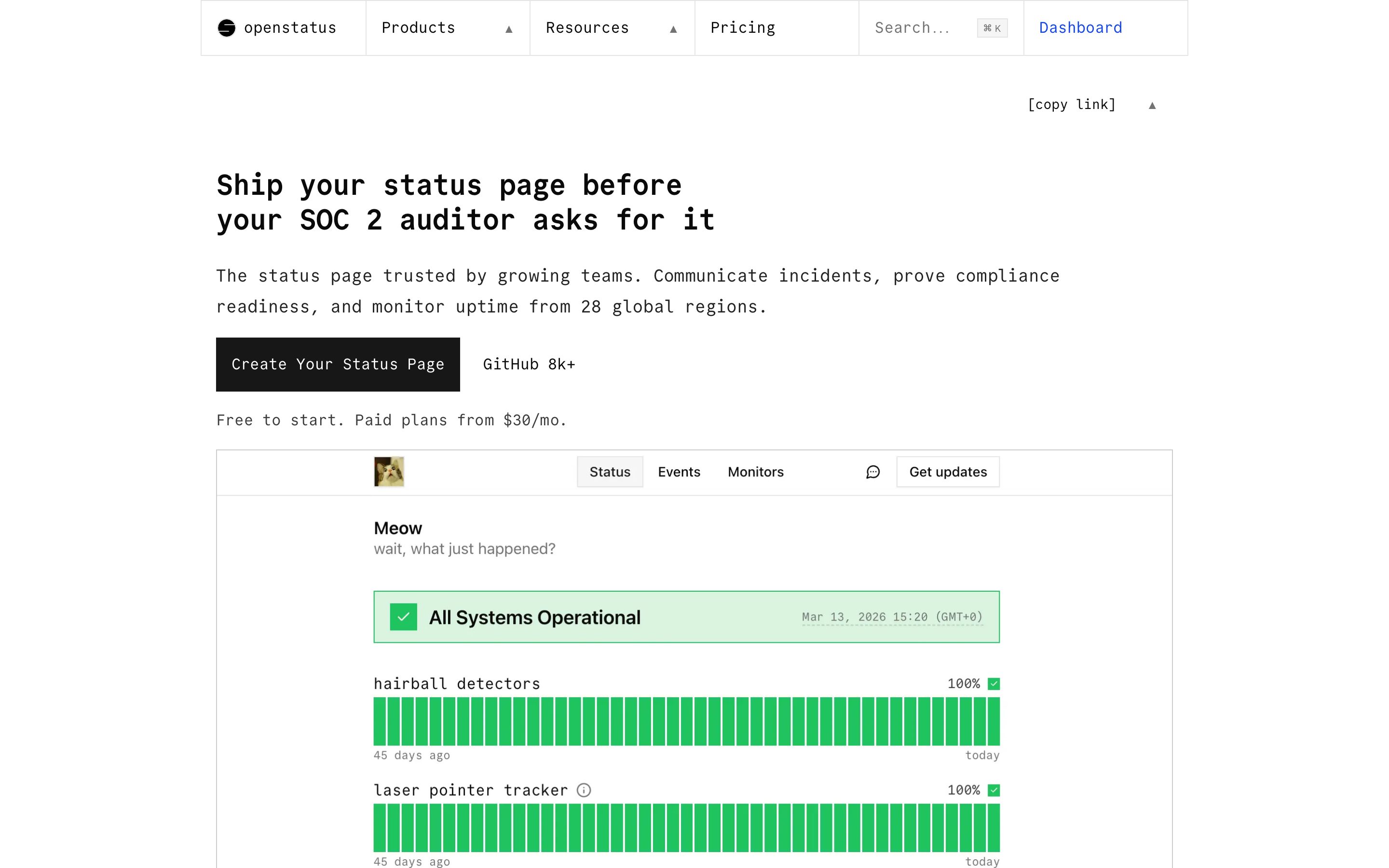 Screenshot of the OpenStatus home page