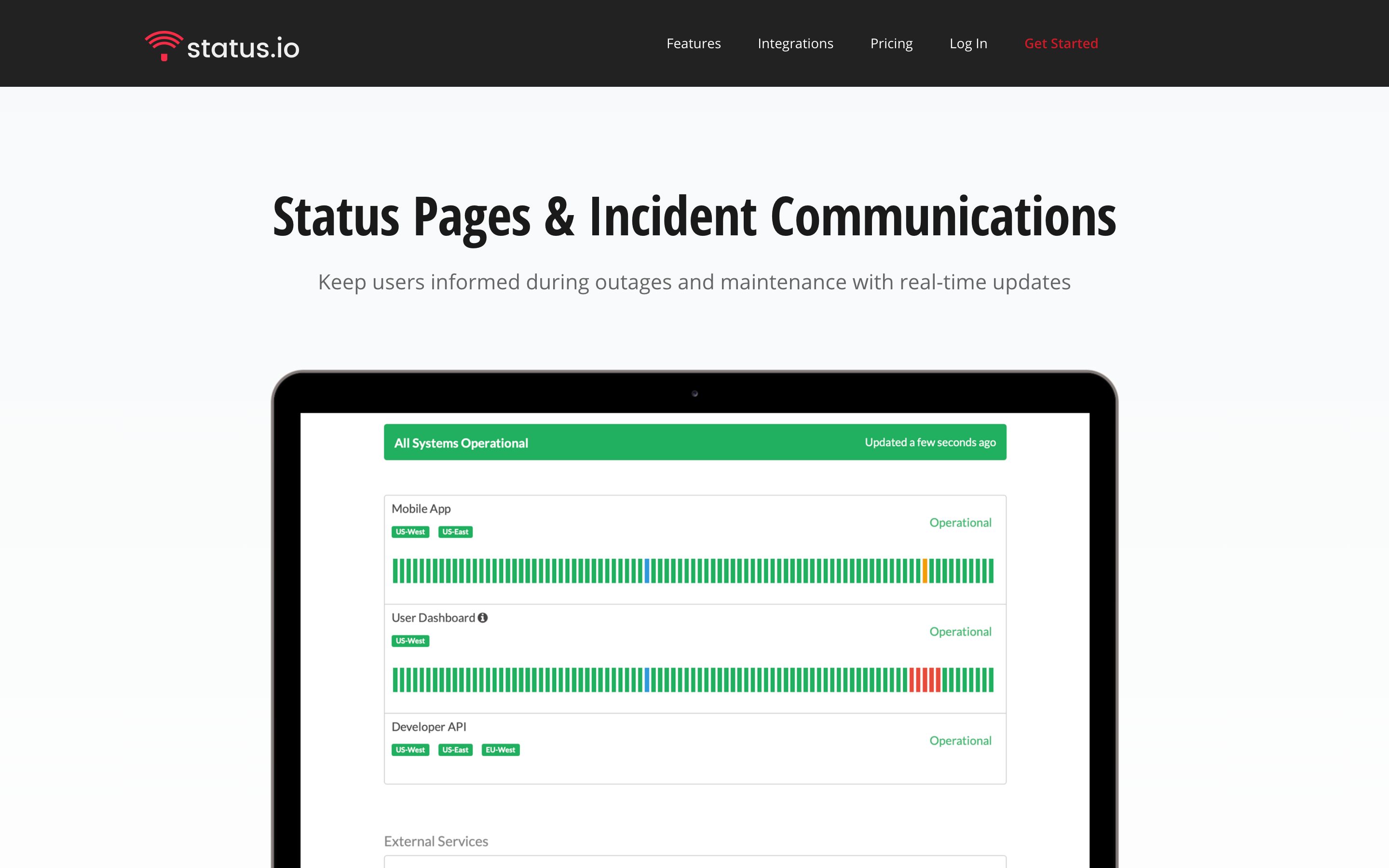Screenshot of the Status.io home page