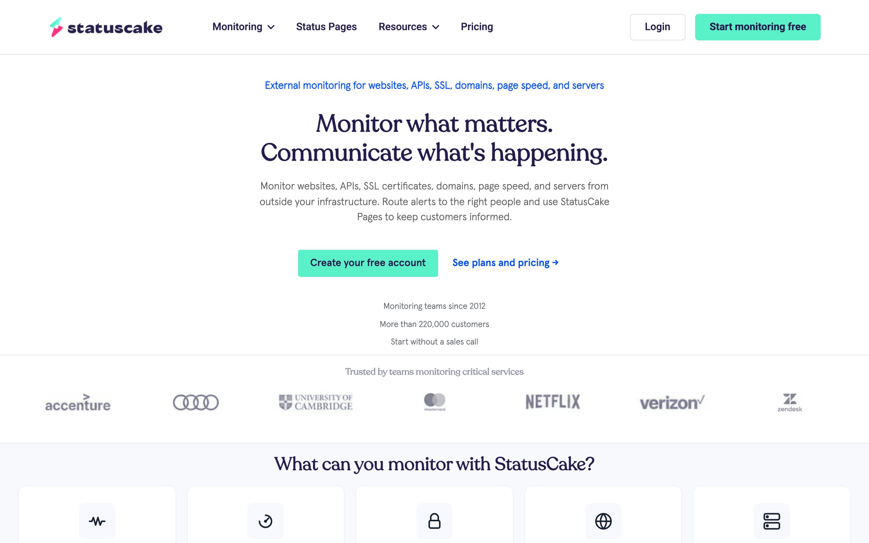 Screenshot of the StatusCake home page
