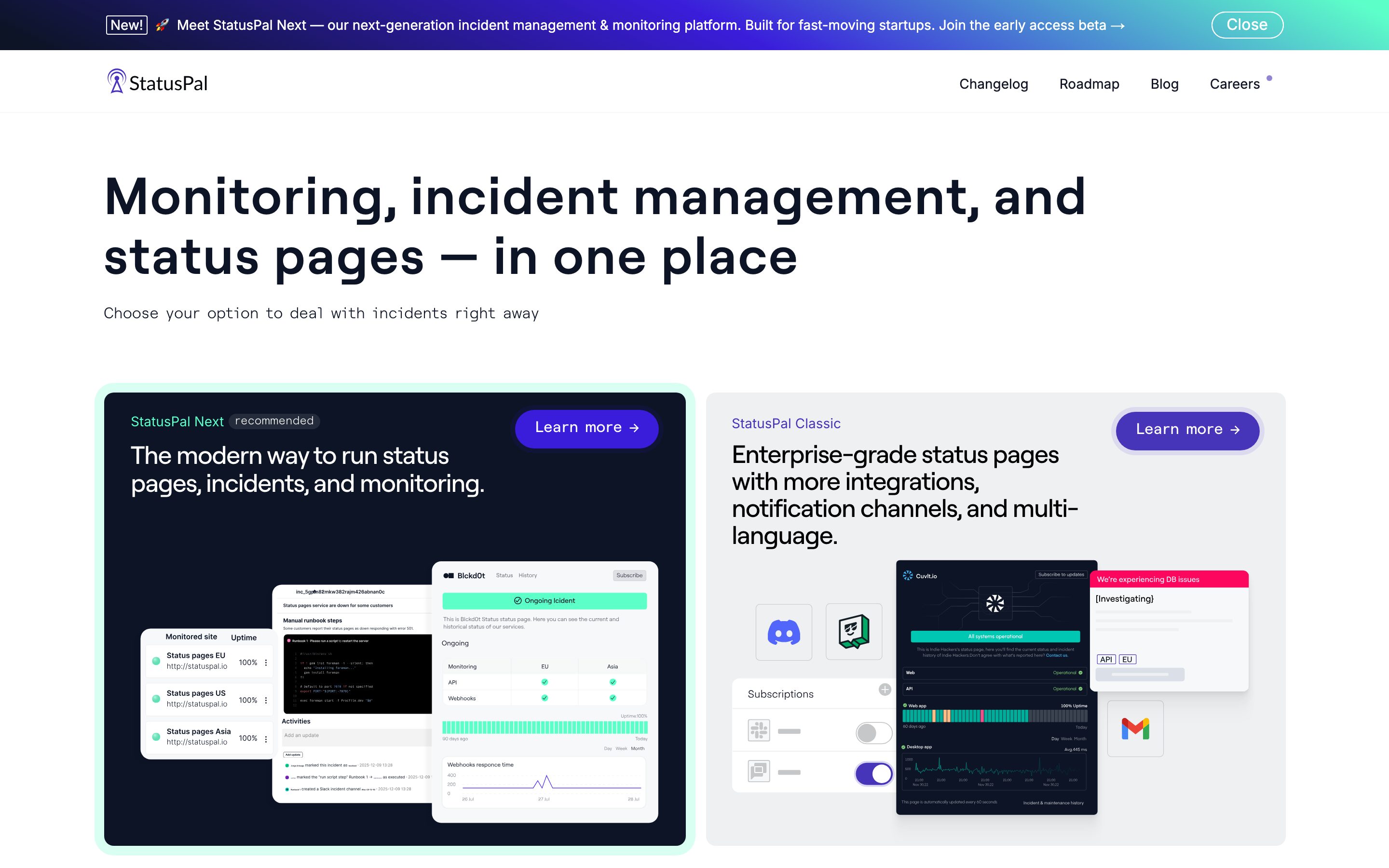 Screenshot of the Statuspal home page