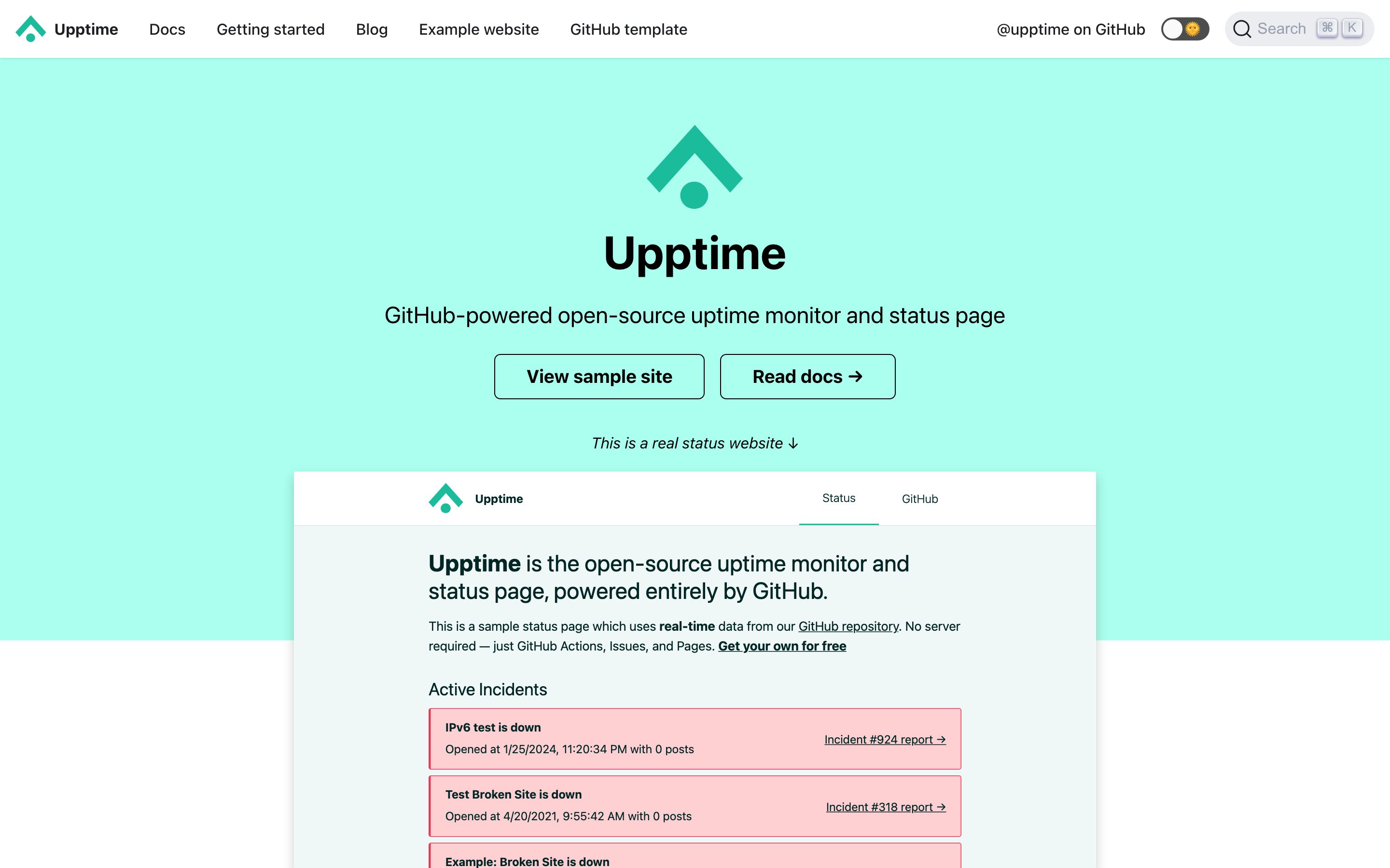 Screenshot of the Upptime home page