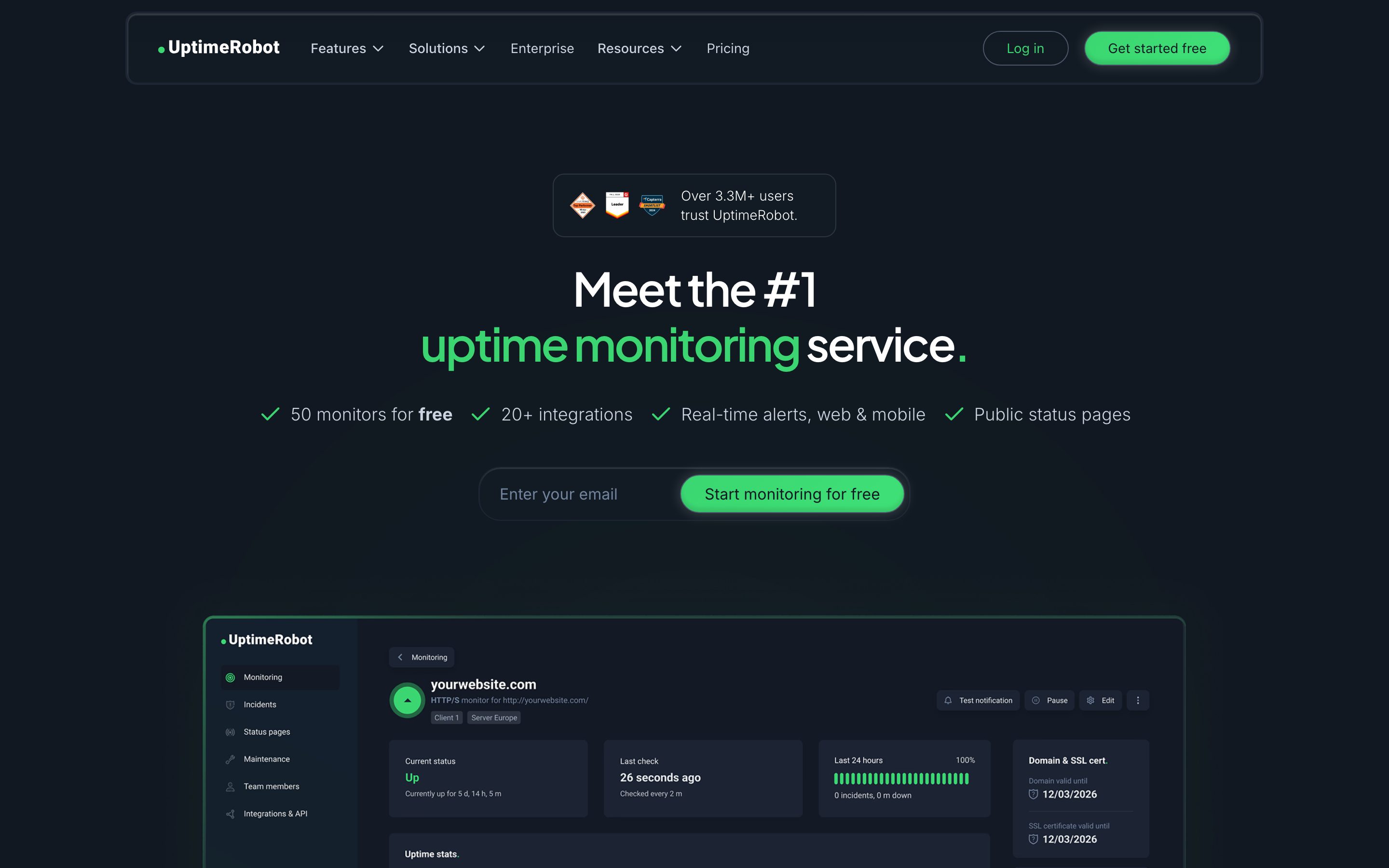 Screenshot of the UptimeRobot home page